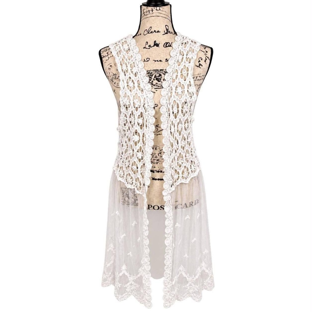 Rockin C White Floral Longline Vest Crochet Lace Mesh XL Romantic Boho Western